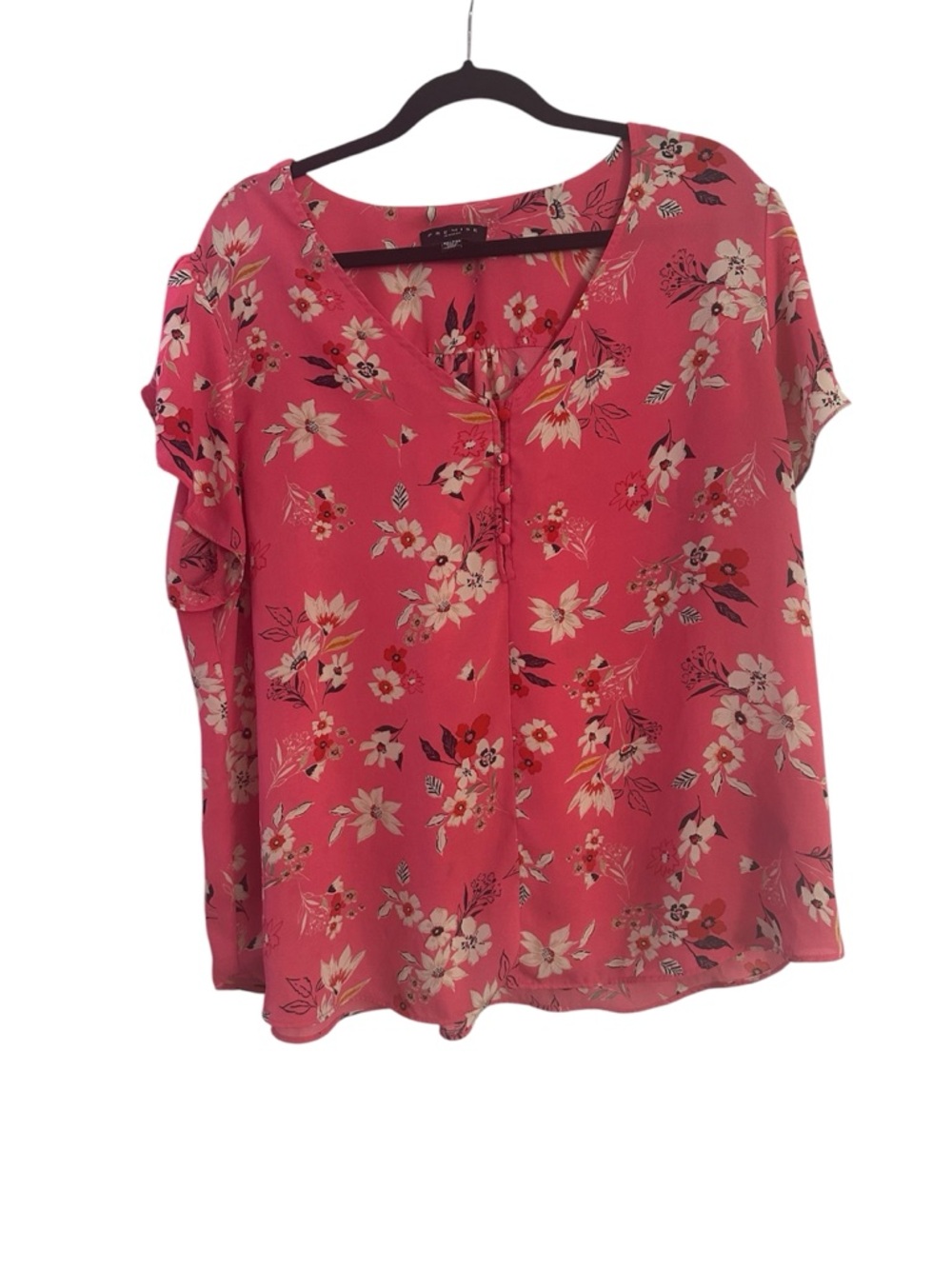 Premise Coral Pink Floral V-Neck Short Sleeve Blouse Size 2X